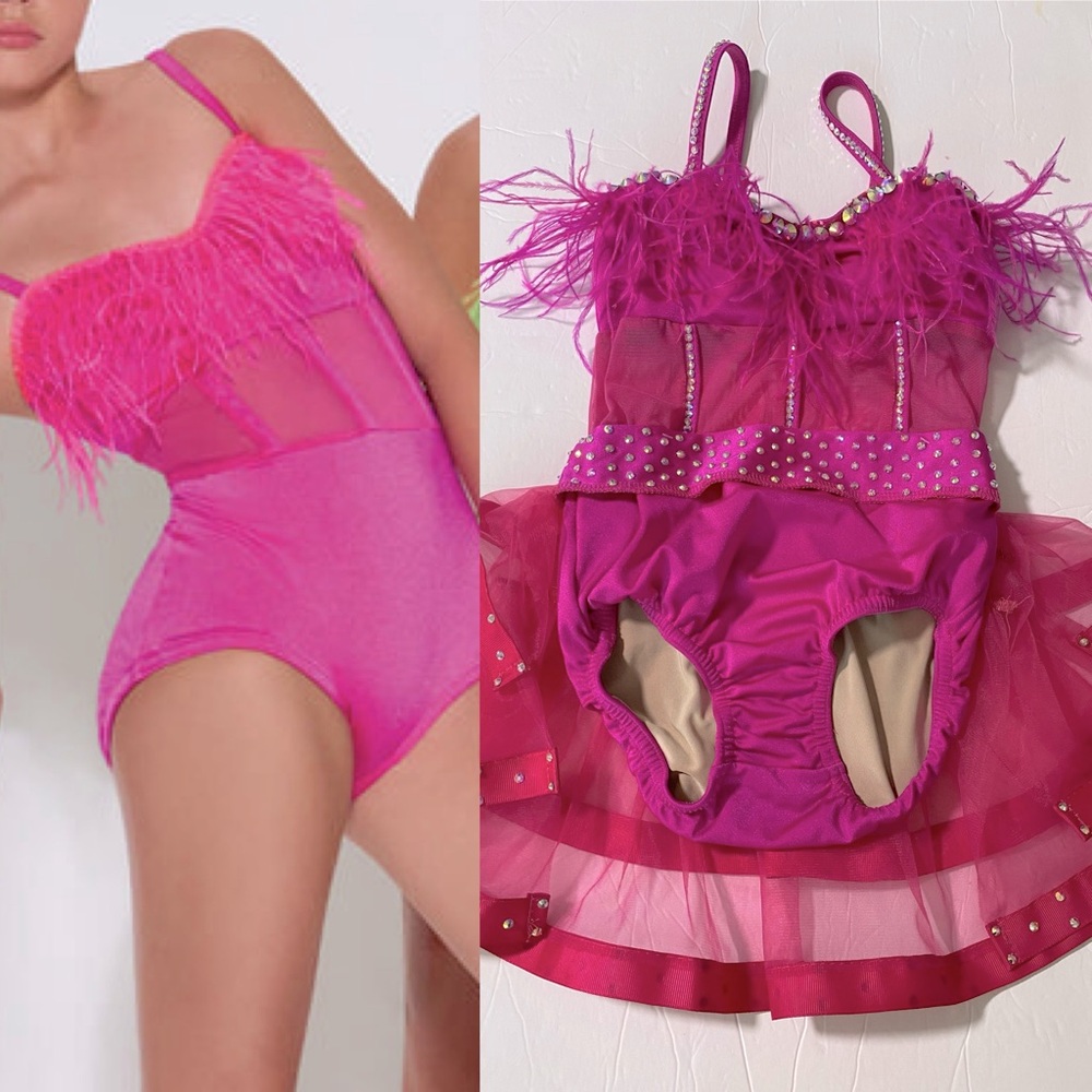 Girls' Fuchsia Feather-Trim Dance Costume with Tulle Skirt